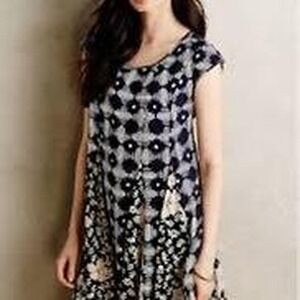 Maeve Anthropologie Mixed Print Swing Dress Medium Corset Back Navy Blue‎